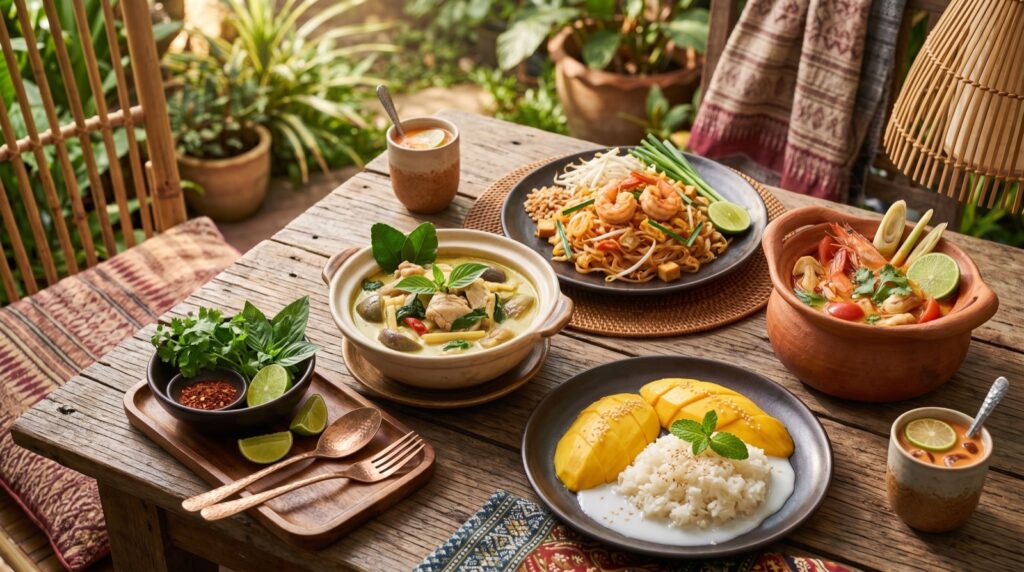 Vibrant Thai cuisine spread with curry and pad thai